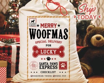 Merry Woofmas Christmas Gift Bag: Personalized Dog Christmas Gift Bag, Custom Pet Santa Bag, Holiday Treat Bag For Dogs(S-81)