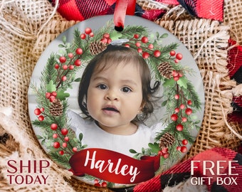 Baby's eerste kerstfotoornament, unieke boomdecoratie, perfect cadeau voor nieuwe moeders en vaders, aangepaste naamornament