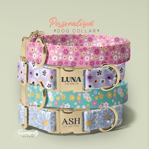 Floral Custom Engraved Name Dog Collars, Personalized Dog Collar With Name Engraving, Metal Buckle Pet Id Collar For Dogs(P217) image 1