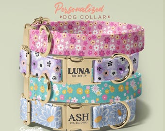 May include: Stacked dog collars with floral patterns in pink, purple, teal, and blue. Each collar has a gold-colored buckle with a name and phone number. The top collar has a pink background with white and yellow flowers. The text "Personalized Dog Collar" is at the top.