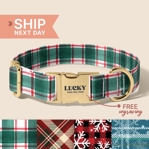 Buffalo Plaid Dog Collar, Handmade Solid Dog Purple Collar Leash Set, Engraved Metal Buckle Plate, Free Pet Name Tag, (P26)