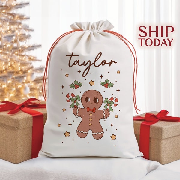 Personalized Santa Sack With Name, Gingerbread Santa Sack, Christmas Vibes Bag, Christmas Party Present