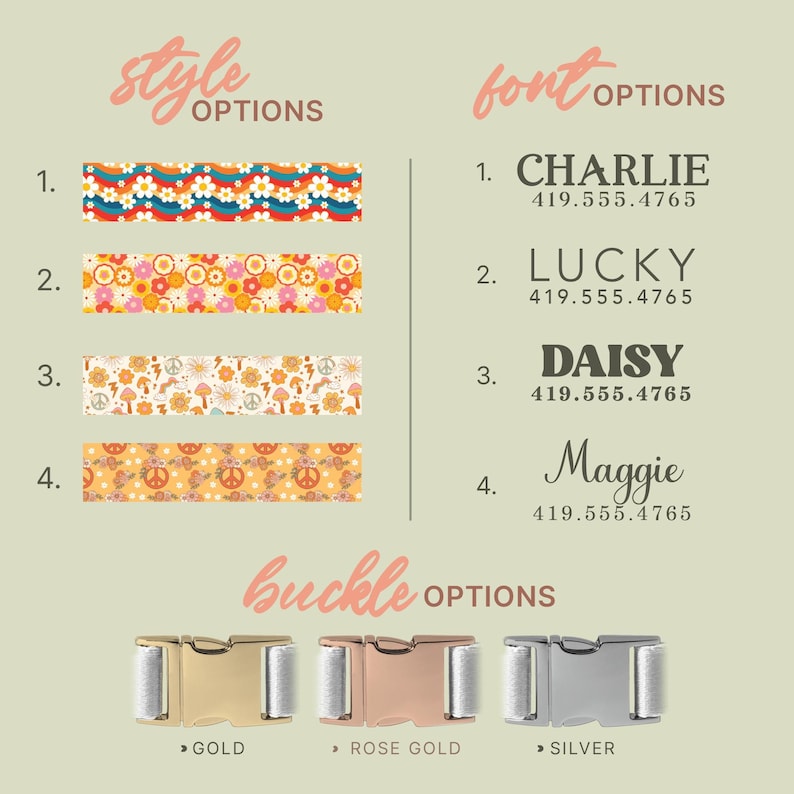 Floral Dog Collar, Adjustable Dog Collar Small to Large Dogs, Female Dog Collar with Name, Rose Dog Collar, Dog Lover Gift, (P11) image 2
