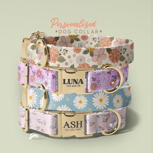 Floral Personalized Dog Collar And Leash Set,Custom Engraved Pet Name Metal Buckle, Birthday Present For Puppy, (P29)