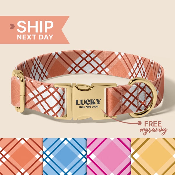 Customized Plaid Dog Collars, Checked Dog Collar, Engraved Name On Dog Collar, Quality Dog Collar, Stylish Dog Accessories, (P17)