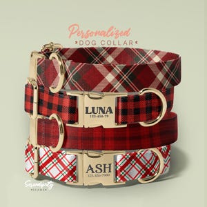 Red and White Plaid Dog Collar And Leash,  Custom Engraved Personalized Collar, 1 Inch Wide, Designer Dog Collar, (P47)