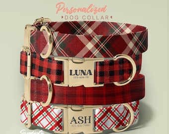 Red and White Plaid Dog Collar And Leash,  Custom Engraved Personalized Collar, 1 Inch Wide, Designer Dog Collar, (P47)