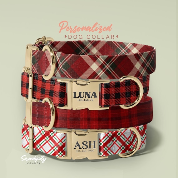 Red and White Plaid Dog Collar And Leash,  Custom Engraved Personalized Collar, 1 Inch Wide, Designer Dog Collar, (P47)