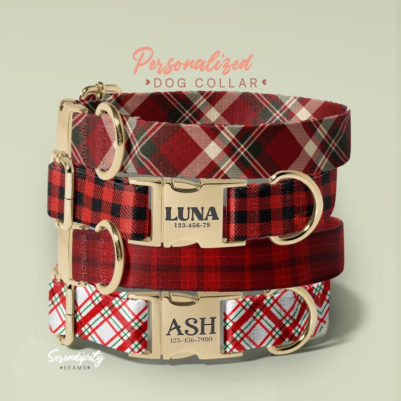 Red and White Plaid Dog Collar And Leash, Custom Engraved Personalized Collar, 1 Inch Wide, Designer Dog Collar, (P47) image 1