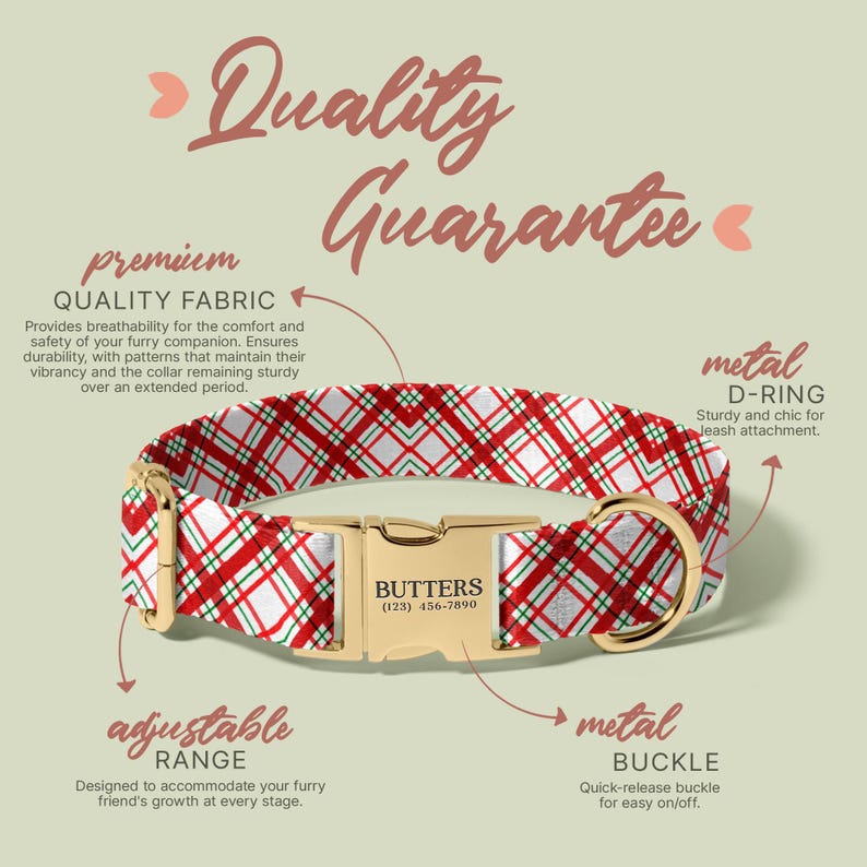 Red and White Plaid Dog Collar And Leash, Custom Engraved Personalized Collar, 1 Inch Wide, Designer Dog Collar, (P47) image 5