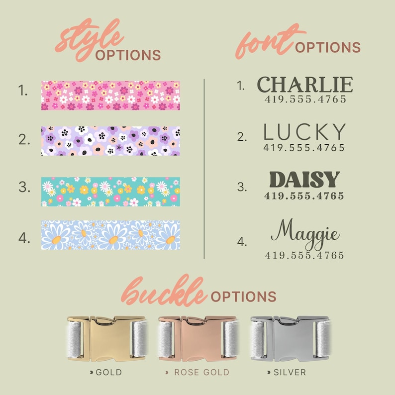 Floral Custom Engraved Name Dog Collars, Personalized Dog Collar With Name Engraving, Metal Buckle Pet Id Collar For Dogs(P217) image 2