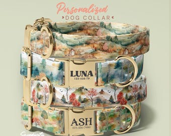Forest Themed Dog Collar, Engraved Dog Collars, Fashion Dog Collar, Gift for Dogs, Collar for Small to Large Dogs, (P111)
