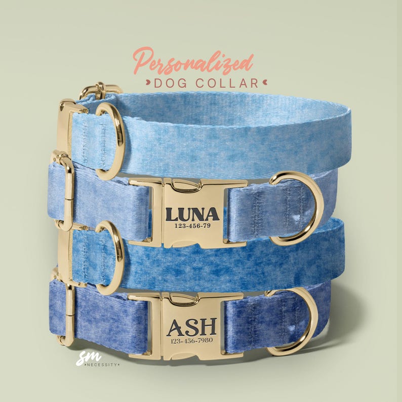 a collection of personalized dog collars in various colors, including blue, light blue, and dark blue. The collars have gold buckles and engraved names, such as "Luna" and "Ash".