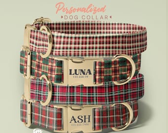 May include: Three personalized dog collars stacked. The collars feature a red, green, and white plaid pattern. Each collar has a gold-colored metal buckle with a name and phone number. The text "Personalized Dog Collar" is at the top.