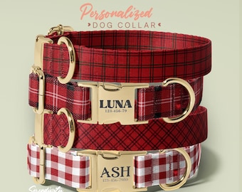 Plaid Dog Collars Personalized Dog Collars - Custom Dog Collar With Name - Engraved Metal Buckle Collars - Cute Dog Collars (P92)