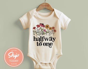 Floral Halfway To One Onesie®, Baby Girl 1st Birthday Clothing, Half Birthday Apparel, 6 Month Baby Bodysuit, (KA-BIR27)