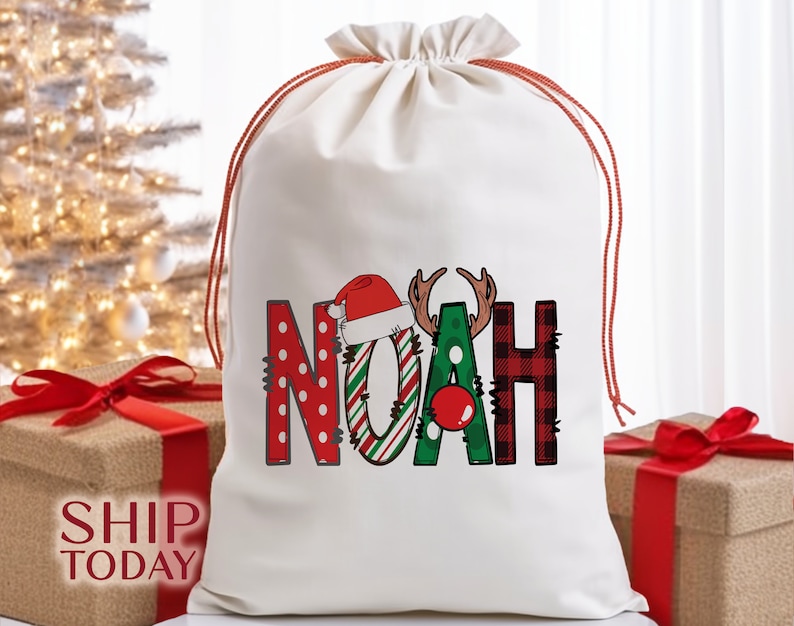 a bag with the word noah on it next to a christmas tree