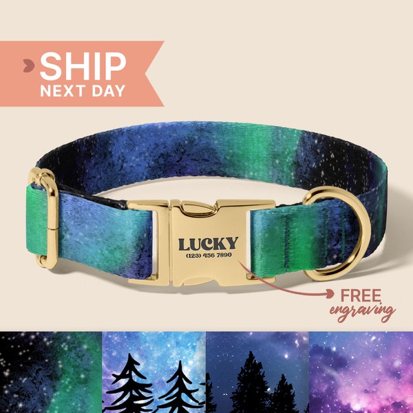 Starry Stars Personalized Dog Collar With Leash Set, Custom Engraved Pet Name Metal Buckle, Customizable Gift For Dog Lover, (P31)