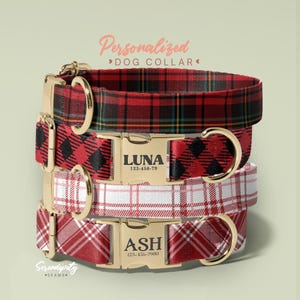 Plaid Personalized Dog Collar And Leash Set - Engraved Name On Dog Collar - Checked Dog Collar - Stylish Dog Accessories (P80)