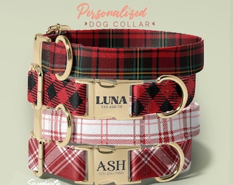 Plaid Personalized Dog Collar And Leash Set - Engraved Name On Dog Collar - Checked Dog Collar - Stylish Dog Accessories (P80)