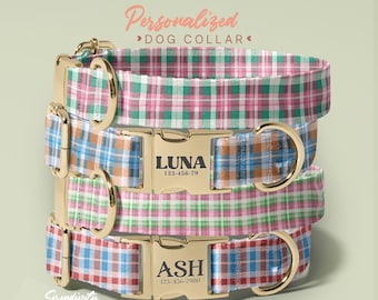 Customized Plaid Dog Collars, Engraved Name On Dog Collar, Checked Dog Collar, Collar for Small to Large Dogs, Different Combo, (P4)