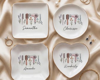 Personalized Hair Stylist Trinket Dish | Custom Hairdresser Gift | Ceramic Jewelry Holder with Name | Salon Graduation Present (FJ-88)