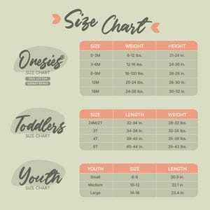 a size chart for different age groups, including 0-3M, 3-6M, 6-9M, 12M, 12M, 18M, and Toddlers. It provides the corresponding weight and height measurements for each age group.