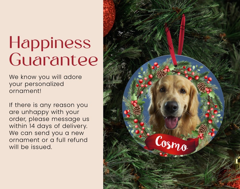 a christmas ornament with a picture of a dog on it