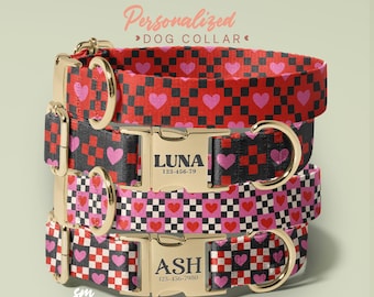 Valentine Dog Collar Personalized, Heart Checkered Collar with Engraved Buckle Name + Phone (P233)
