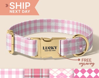 Buffalo Plaid Boy Dog Collar With Personalized Tag, Pink Plaid Dog Collar, Engraved Name on Dog Collar, Present for Female Dog, (P32)