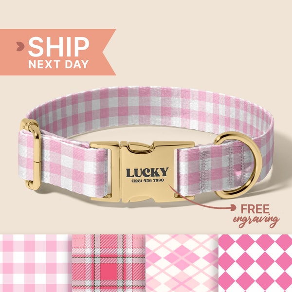 Buffalo Plaid Boy Dog Collar With Personalized Tag, Pink Plaid Dog Collar, Engraved Name on Dog Collar, Present for Female Dog, (P32)