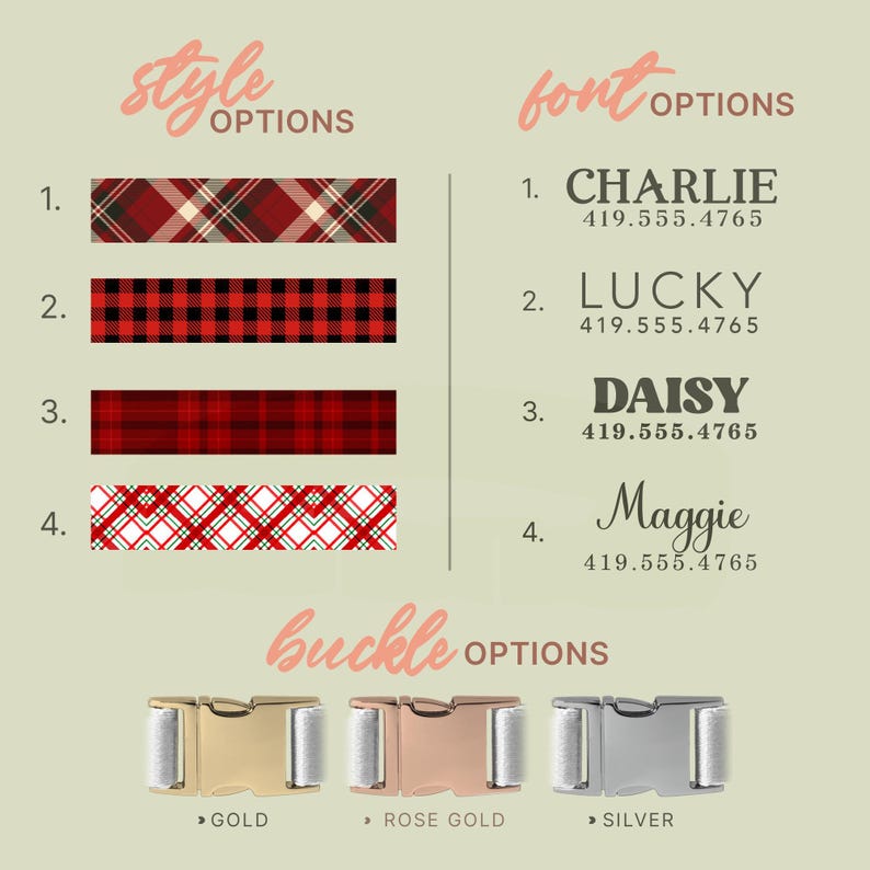 Red and White Plaid Dog Collar And Leash, Custom Engraved Personalized Collar, 1 Inch Wide, Designer Dog Collar, (P47) image 2