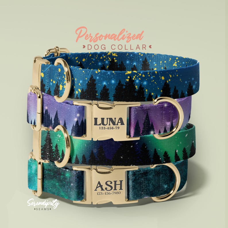 Starry Night Personalized Dog Collar And Leash Set - Engraved Name On Dog Collar - Customised Dog Collar - Dog Accessories (P78) image 1