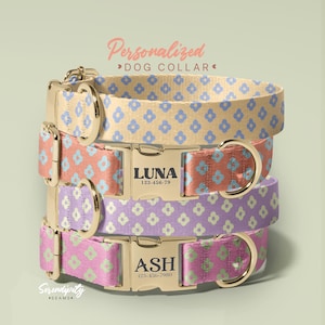 May include: Stacked dog collars in beige, coral, purple, and pink, each with a floral pattern. The collars have gold-colored metal hardware and personalized nameplates. The text "Personalized DOG COLLAR" is at the top.