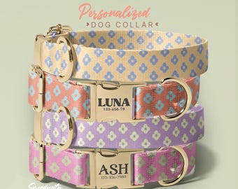Personalized Dog Collar with Flower Pattern, Girl Dog Collar, Soft & Adjustable, Custom Engraved Dog Collar, Print Dog Collar, (P13)