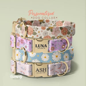 Floral Personalized Dog Collar And Leash Set,Custom Engraved Pet Name Metal Buckle, Birthday Present For Puppy, (P29)