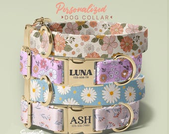 Floral Personalized Dog Collar And Leash Set,Custom Engraved Pet Name Metal Buckle, Birthday Present For Puppy, (P29)