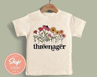 Threenager Floral Shirt, Third Birthday Gift For Toddler Girl, 3rd Birthday Outfit, Turning 3 Kids Tee, Birthday Clothes, (KA-BIR28)