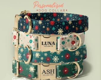 Christmas Dog Collar With Name, Snowflakes Dog Collar, Dog Collars Personalized Name, Soft & Adjustable, Christmas Dog Gifts, (P7)