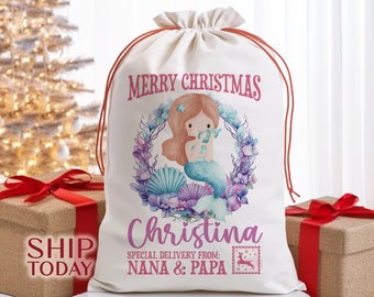 Personalisierte Meerjungfrau Weihnachtstasche, spezielle Lieferung Santa Sack, individuelles Geschenk von den Eltern, Kinder-Urlaubs-Tasche