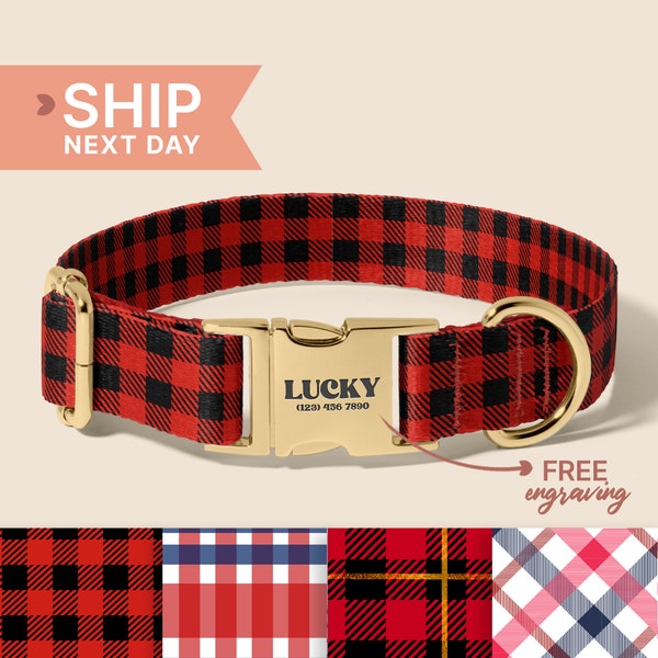 Buffalo Plaid Dog Collar, Christmas Dog Collar With Leash, Girly Dog Collar Gift, Slide On Bow for Dog Collar, (P34)