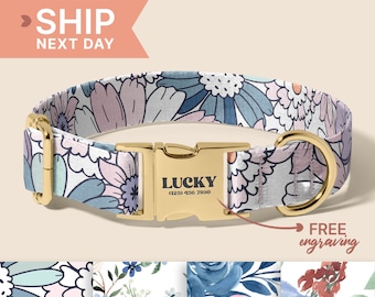 Flowers Pattern Dog Leash - Custom Dog Leash Girl - Floral Pet Leash Small Large - Engraved Dog Collar With Name - Dog Collar Girl
