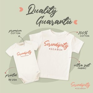 a white baby onesie and a white t-shirt with the word "Serendipity" printed on them. The baby onesie is described as "Premium Cotton" and the t-shirt as "100% Cotton". The text "Quality Guarantee" is also present, and the t-shirt is described as " ultra soft fabric". The image is a collage of two images, one of the baby onesie and one of the t-shirt, both placed against a light green background.