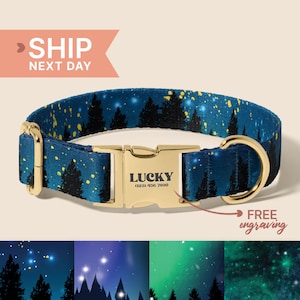 Starry Night Personalized Dog Collar And Leash Set - Engraved Name On Dog Collar - Customised Dog Collar - Dog Accessories