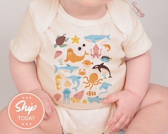 Ocean Animals Summer Baby Onesies® Brand, Sea Creature Infant Bodysuit, Gender Neutral Baby Gift, Cute Beach Outfit(KA-SUM2)