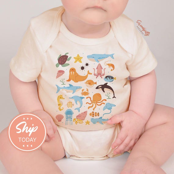 Ocean Animals Summer Baby Onesies® Brand, Sea Creature Infant Bodysuit, Gender Neutral Baby Gift, Cute Beach Outfit(KA-SUM2)