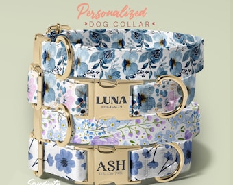 Japanese Floral Personalized Dog Collar Leash Set, Custom Engraved Pet Name Metal Buckle, Lilac Birthday Puppy Gift, (P36)