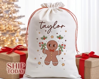 Saco de Papá Noel personalizado con nombre, saco de Papá Noel de pan de jengibre, bolsa de vibraciones navideñas, regalo de fiesta de Navidad