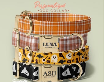 Halloween Custom Engraved Name Dog Collars, Fall Thanksgiving Personalized Dog Collar With Name Engraving, Cute Autumn Pet Id Collar(P198)