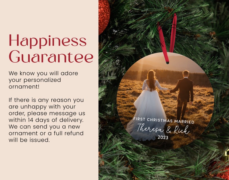 a christmas ornament with a picture of a couple holding hands
